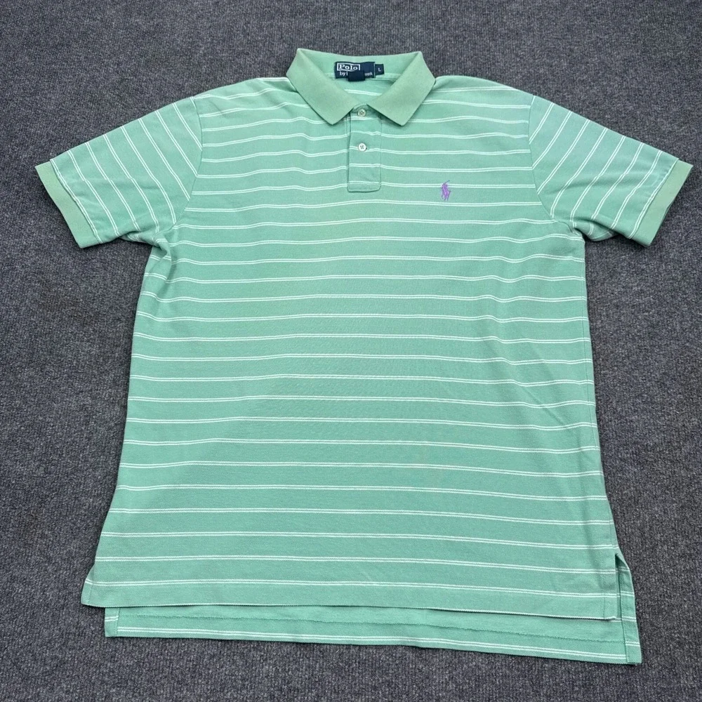 Ralph Lauren Polo Shirt Mens Size Large Light Green Striped Vintage Casual Pony